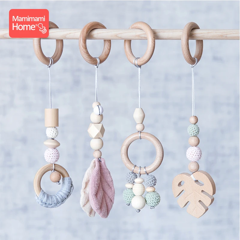 Baby Wooden Teether Pendant Baby Play Gym Set Sensory Ring-Pull Beech Ring Crochet Bead Children'S Goods Wooden Blank Cotton Toy