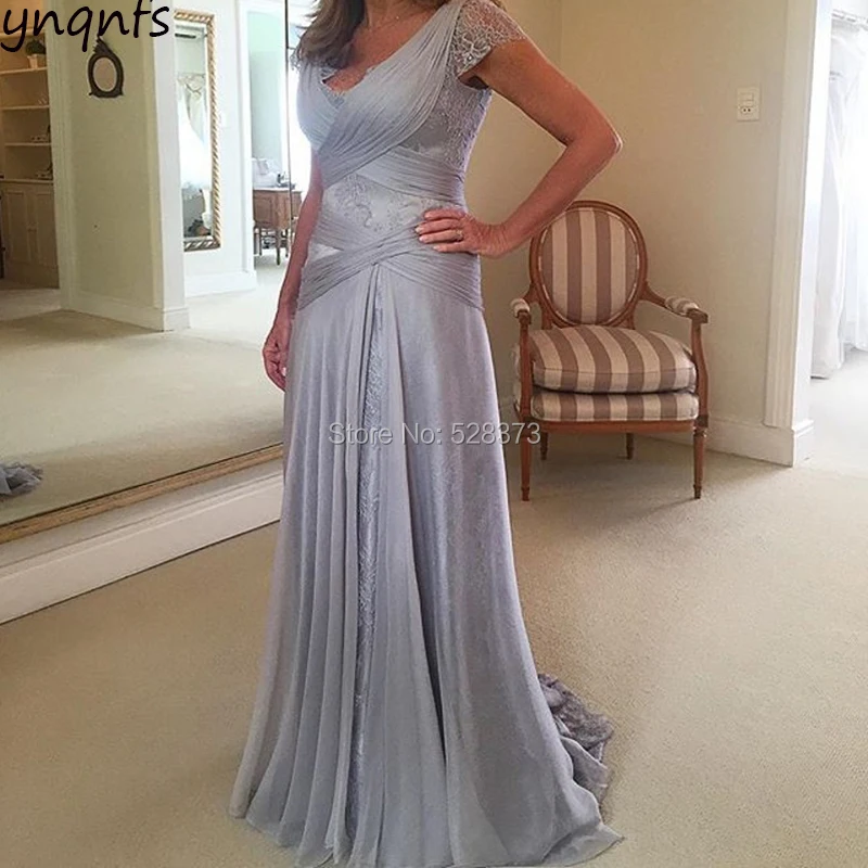 YNQNFS MD153 Elegant Cap Sleeves Silver/Grey Mother of the Bride/Groom Dresses Outfits Pleated Chiffon Lace Formal Dress 2019