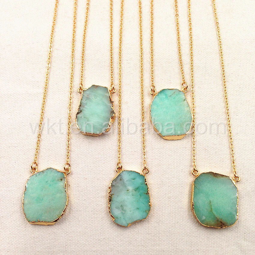 

WT-N753 Wholesale 5pcs Chrysoprase Chain Necklace Jewelry natural chrysoprase with double loops in 24k gold trim necklace gift