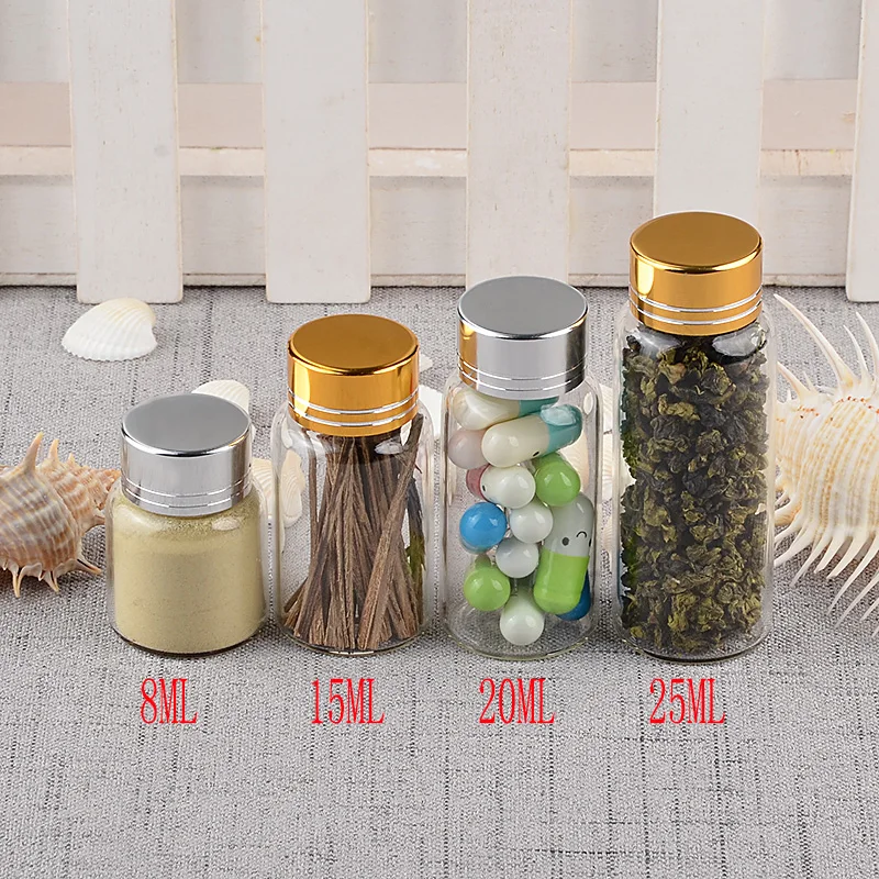 Empty Glass Bottles with Metal Screw Cap Pill Powder Ornament Bottles 8ml 15ml 20ml 25ml Liquid Food Saffron Jar Container 50pcs