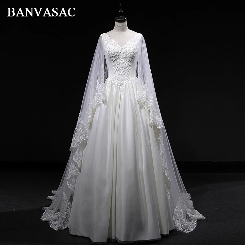 BANVASAC 2018 Vintage Real Photos V Neck A Line Satin Wedding Dresses Lace Appliques Plus Size Embroidery Bridal Gowns