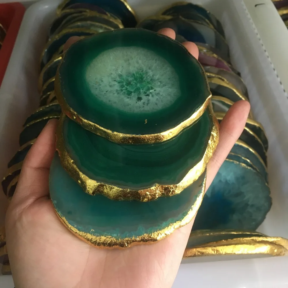 1pcs natural agate Geode piece insulated coasters crystal board jade agate coasters with gold-plated lace mineral trim