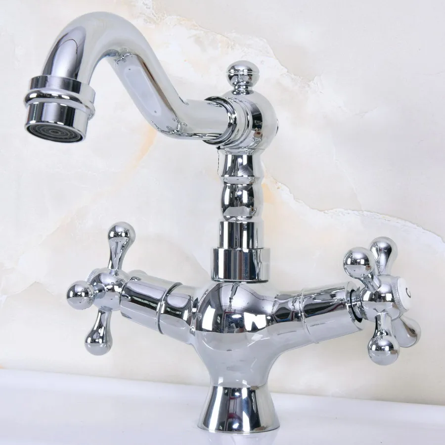 Deck Mounted Polished Chrome Brass Swivel Spout Double Cross Handles Kitchen/Bar Bathroom Sink Faucet Hot&Cold Mixer Tap anf921