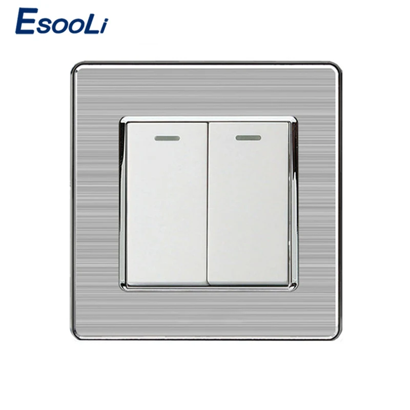 Esooli waterproof 2 Gang 1 Way Luxury Light Switch On / Off Wall Switch Interruptor Stainless Steel Panel AC 110~250V