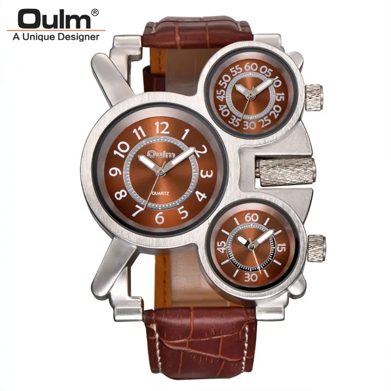 Oulm 1167 Men's Watches Three Time Zone Clock Casual Leather Strap Wristwatch Luxury Brand Male Quartz Military Watch