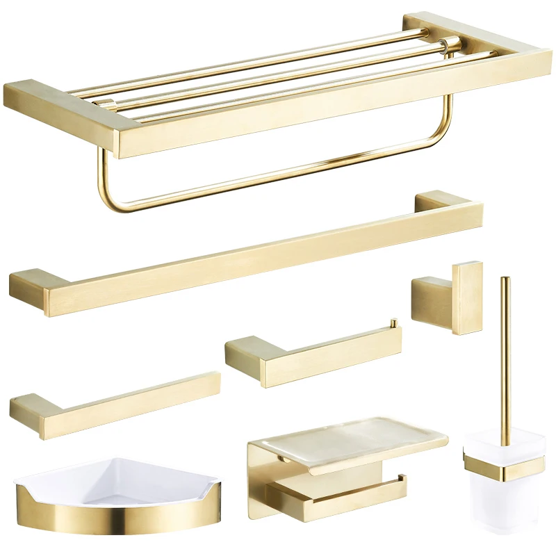 Gold brush Bathroom accessory Set Gold brass Hook Towel Rail Rack Bar Shelf Paper Holder Toothbrush Holder Bathroom shelf MJ810