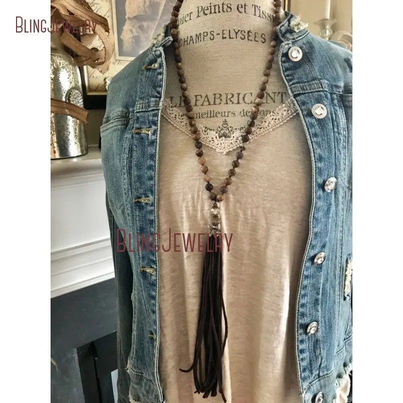 Hand Knot Matte Brown Agates Beads Layering Long Boho Necklace  Rustic Glam  Suede Leather Fringe Tassel   NM15446