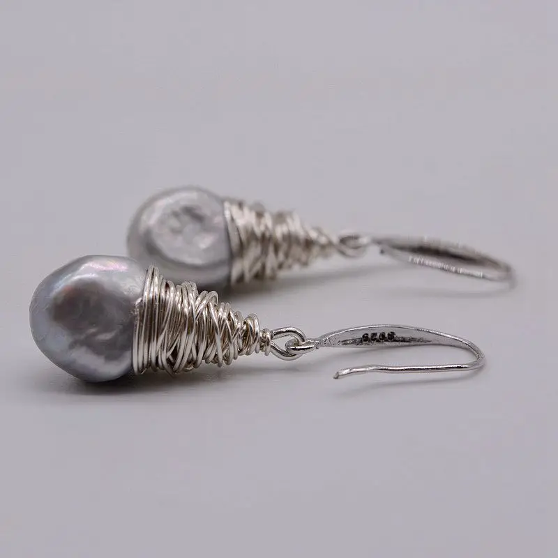 Handmade Pearl Earrings Grey Natural Freshwater Pearl 925 Sterling Silver Earrings Drop Shape Silver Wire Women\'s Earrings