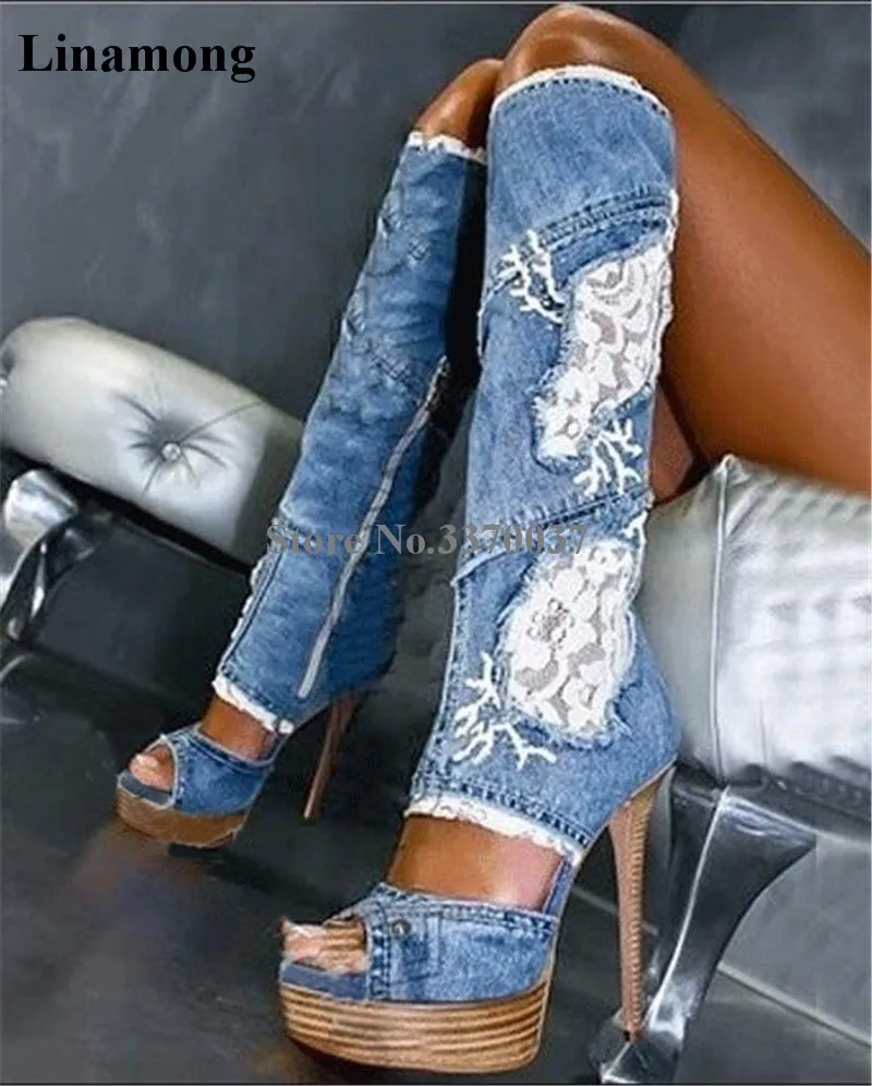 

Women Sexy New Fashion Peep Toe Blue Denim Knee High Thin Heel Gladiator Boots Lace Mesh Platform Long High Heel Jean Boots