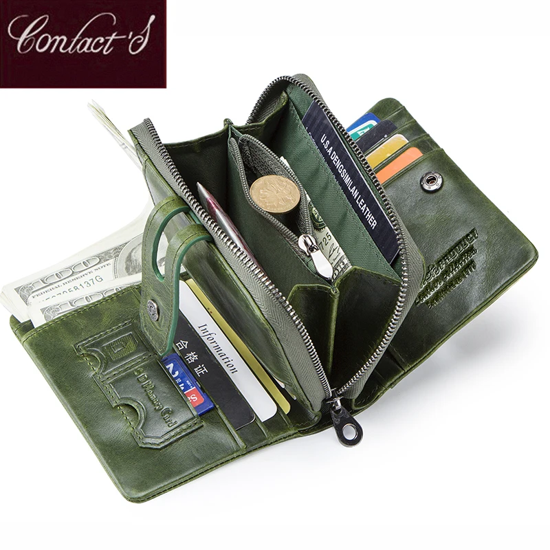 Contact's Wallet Women Zipper Genuine Leather Short Wallets Quality Coin Purse Women Hasp Button Purse With Credit Cards Holder