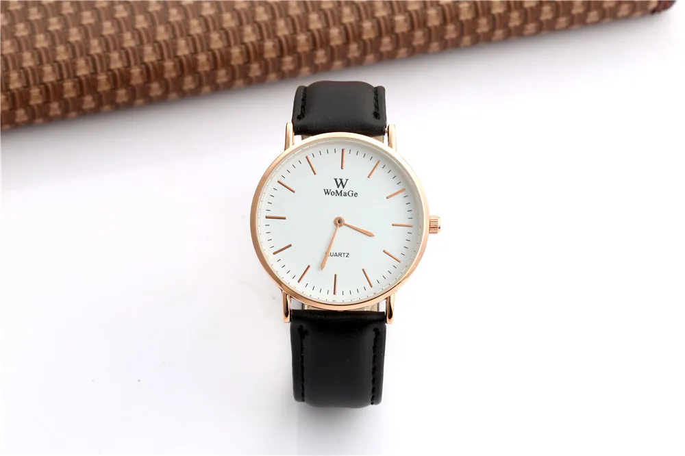 Womage Fashion Casual Watch Simple Style Gold Case Leather Strap Quartz Watch Women Men Hour Unisex Wristwatch Hot Sale Relojes