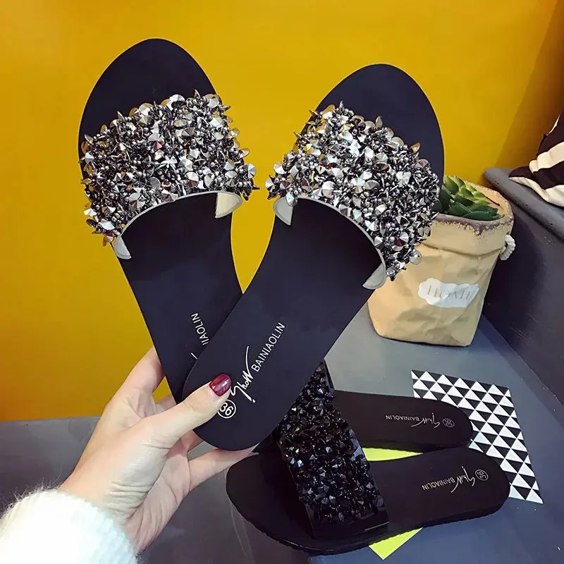 Scarpe estive donna rivetto Glitter sandali con plateau firmati donna Bling Bling infradito pantofole da spiaggia nere/argento