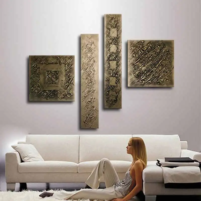 hand painted retro bronze modular paintings textured 4 piece canvas oil painting wall art pictures for living room decoration