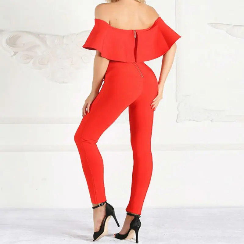 New Fashion Slash Neck Women Bandage Jumpsuits Evening Club Party Bodysuit Rompers Black Blue Red Khaki Ruffles Pencil Pants