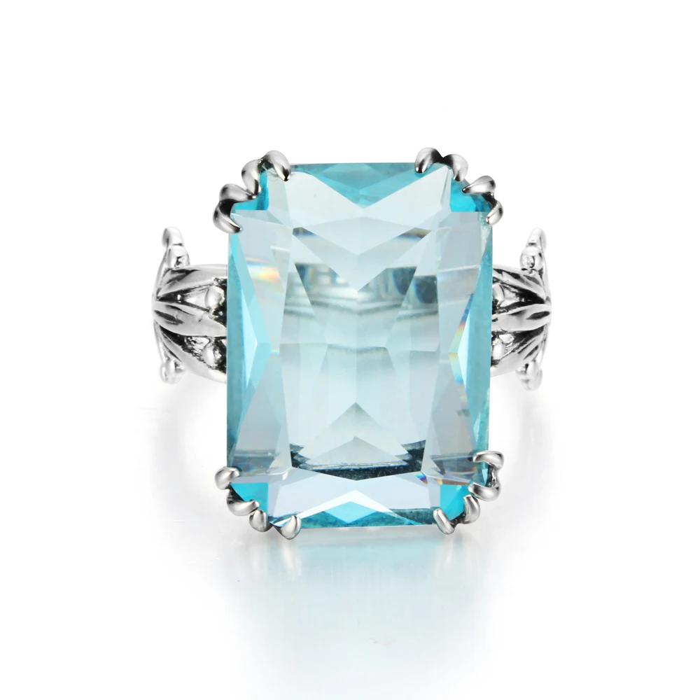 Luxury Square Charms Handmade Vintage Women\'s 925 Sterling Silver Birthstones Sky Blue Crystal Wedding Ring Brand Jewelry