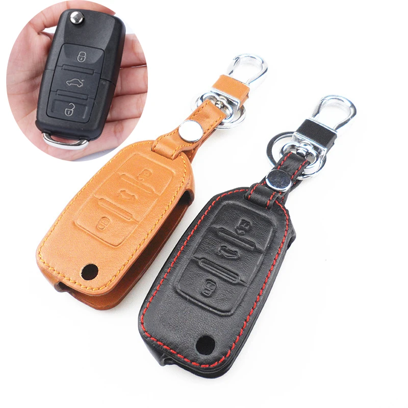 Special offer 100% leather car key case cover for Volkswagen VW Jetta MK6 Tiguan Passat Golf 4 5 6 POLO cc bora Skoda 3 buttons