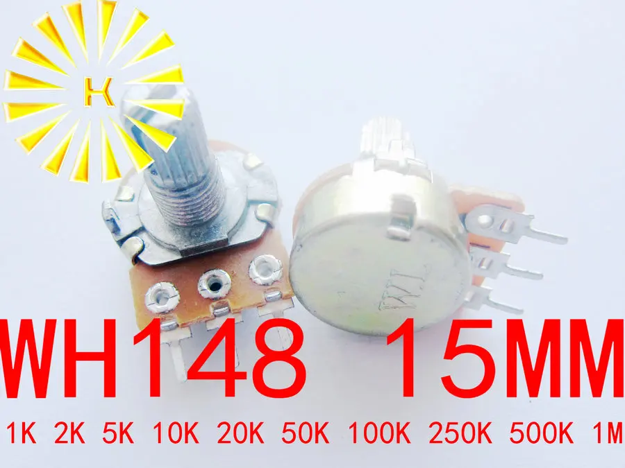 

WH148 15mm 3Pin 1K 2K 5K 10K 20K 50K 100K 250K 500K 1M OHM 0.5W Linear Taper Rotary Carbon Potentiometer Pot x 100PCS