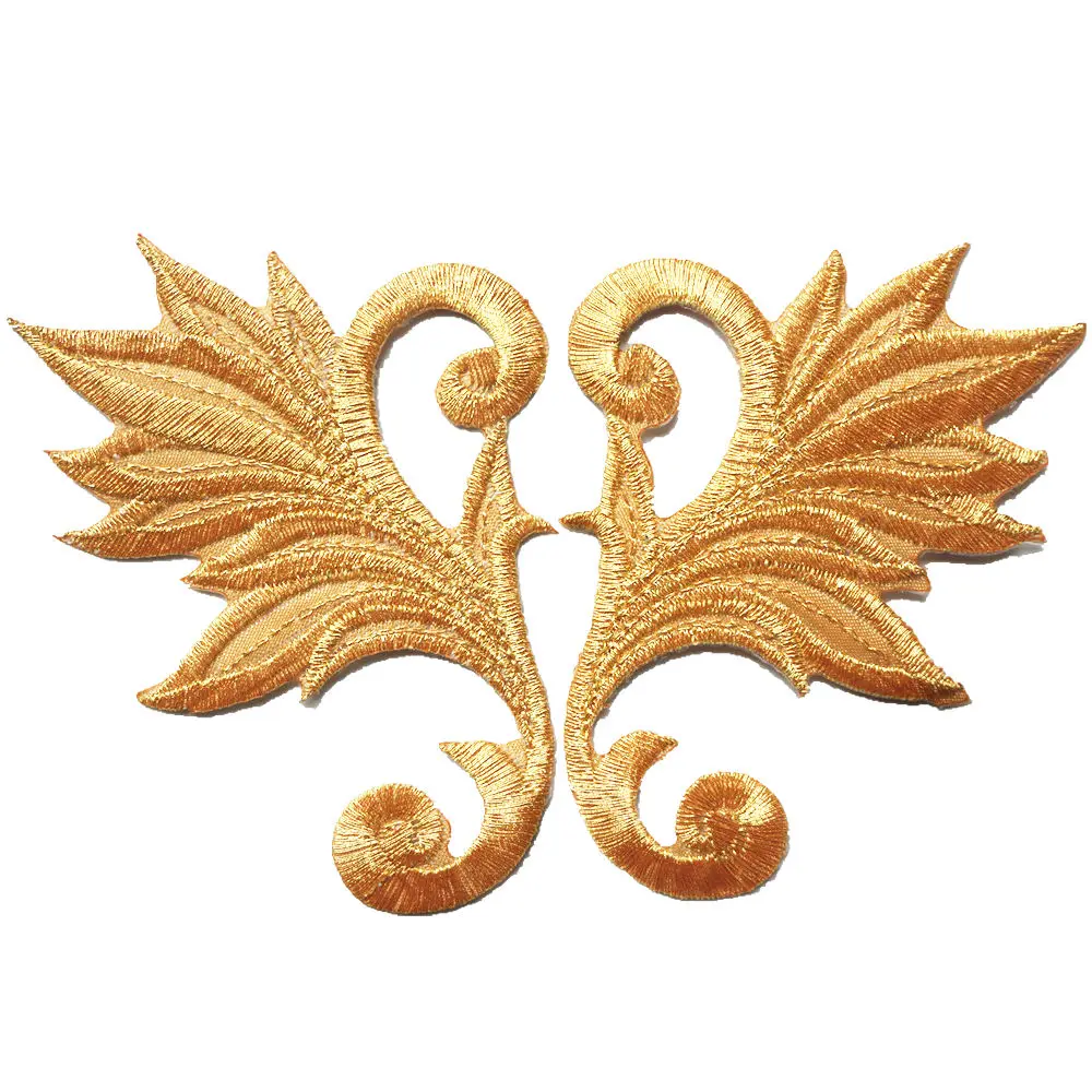 2PCS Gold Wings Leaf Heart Embroidered Patches Sew Iron On Badges Appliques Collar For Clothes Dress DIY Craft Decoration