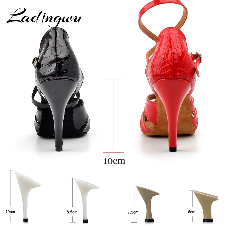 Ladingwu New Crocodile texture PU Latin Dance Shoes Salsa Woman Black/Red Soft Bottom Ballroom Dance Sandals High Heel Shoes