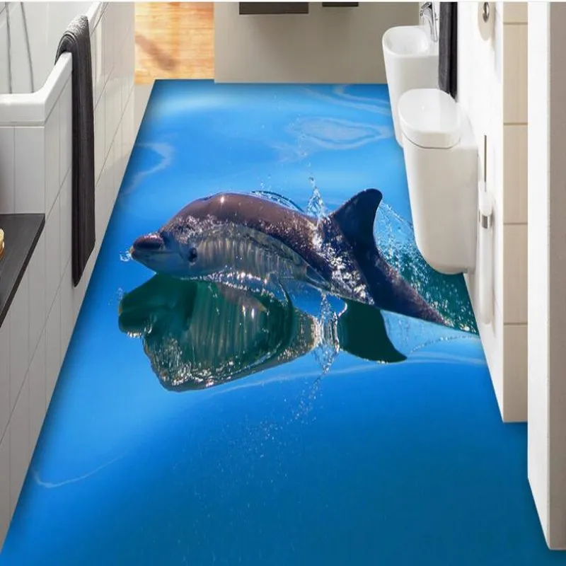 

beibehang Custom large fresco blue ocean dolphin playing room 3D floor thickening waterproof wear pvc floor stickers