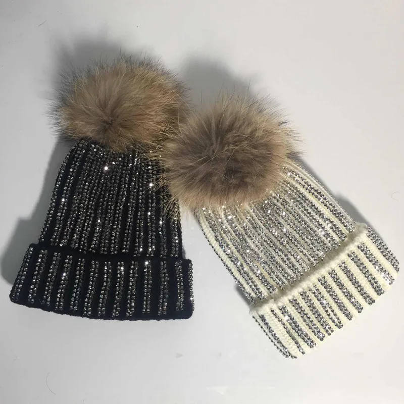 KNB013 Removable Winter Warm Fur Pom pom Knitted Hats Women Handmade Striped Rhinestone Bones Skullies Beanie With 15cm Fur Ball