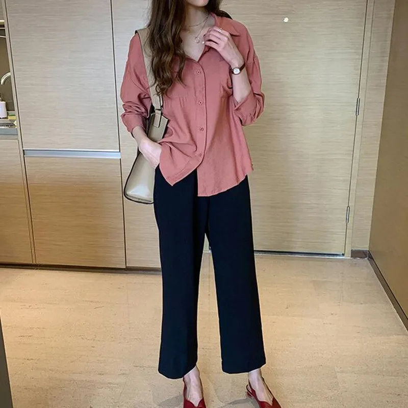 Spring Shirt Clothes Plus Size Loose Long Sleeve Women's Blouse Pure Color with Pocket Turn Down Collar Girl Bottoming Top H9134