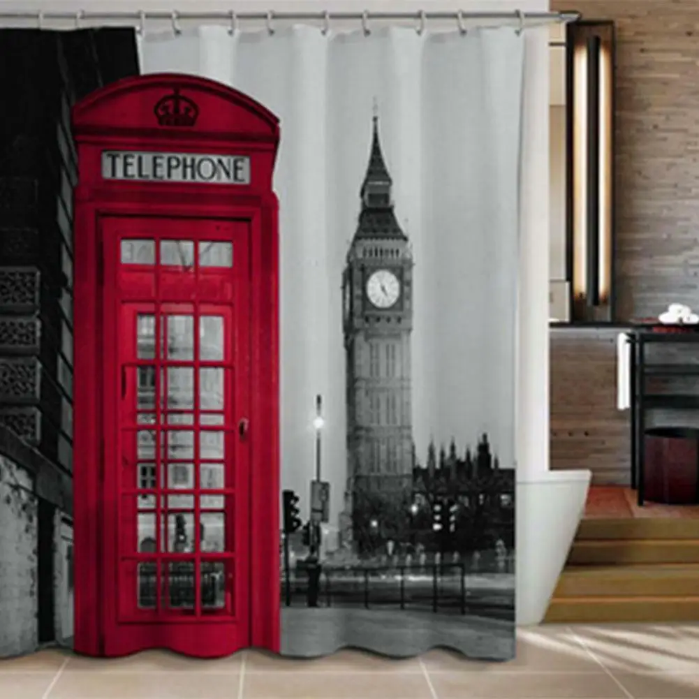 London Big Ben Pattern Shower Curtain Bathroom Waterproof Fabric W/12 Hooks