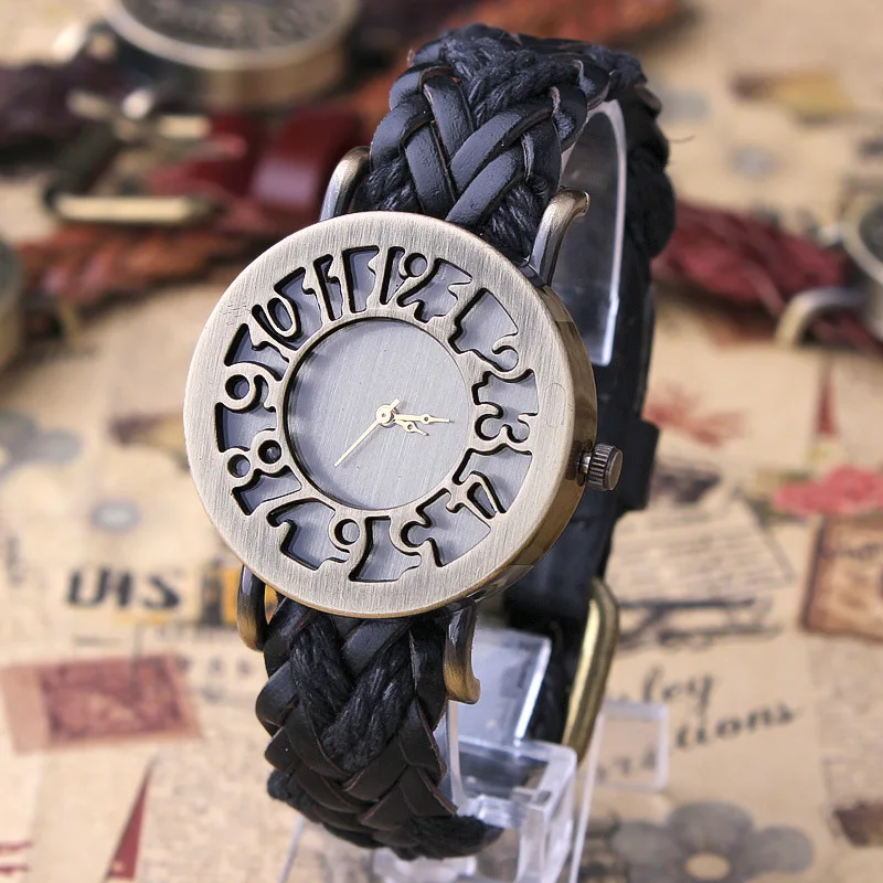 Shsby New Roma Style Vintage Digital Hollow Out  Genuine Cow Hand-Woven Leather Strap Watches Women Dress Watches