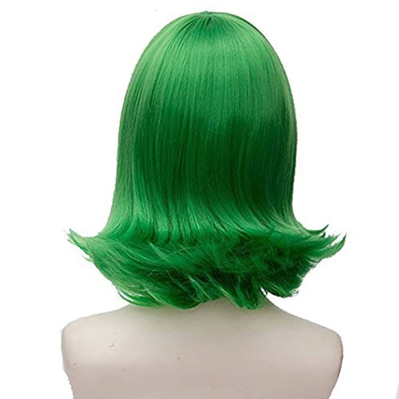 35cm Short Curly Wigs Inside Out Disgust Green Side Bangs Synthetic Cosplay Wig Hair + Wig Cap