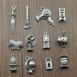 10pcs Daily Necessities Charms Umbrella Hair Dryer Broom Sofa Globe Pendants Jewelry Making Antique Silver Color