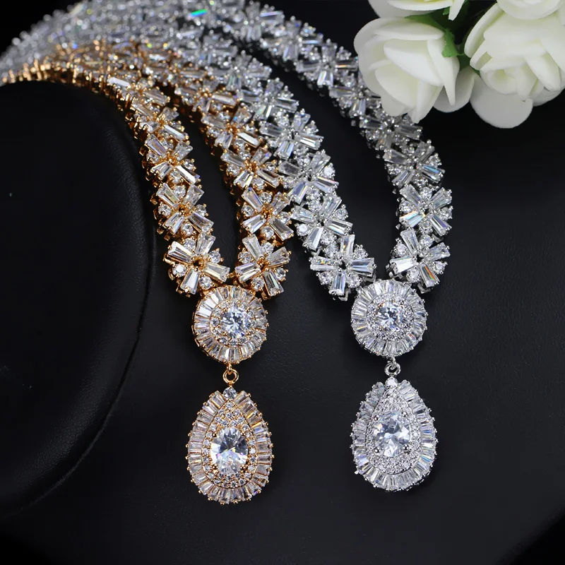 CWWZircons White Gold Color Luxury Bridal CZ Crystal Necklace and Earring Set Big Wedding Jewelry Sets For Brides T103