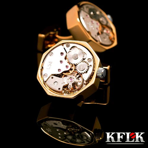 KFLK jewelry shirt cufflins for mens Brand cuff button Gold color watch movement cufflink High Quality abotoadura Jewelry