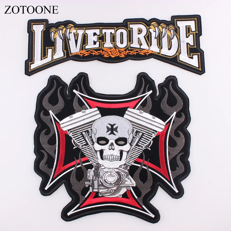 ZOTOONE LIVE TO RIDE Skull Big Patch For Clothing Embroidered Patch Apparel Fabric Sewing Beaded Applique DIY Clothes Sticker D