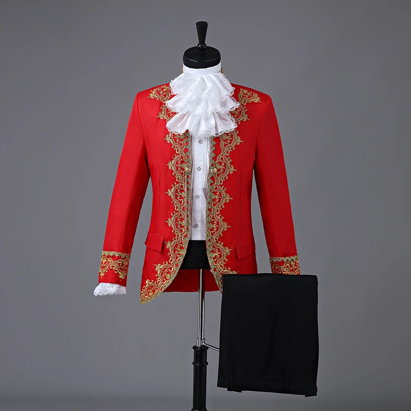 European Style Men's Court Suit Red Black White Embroidery Suits Wedding Dresses Singer Chorus Photographic Studio Show Costume