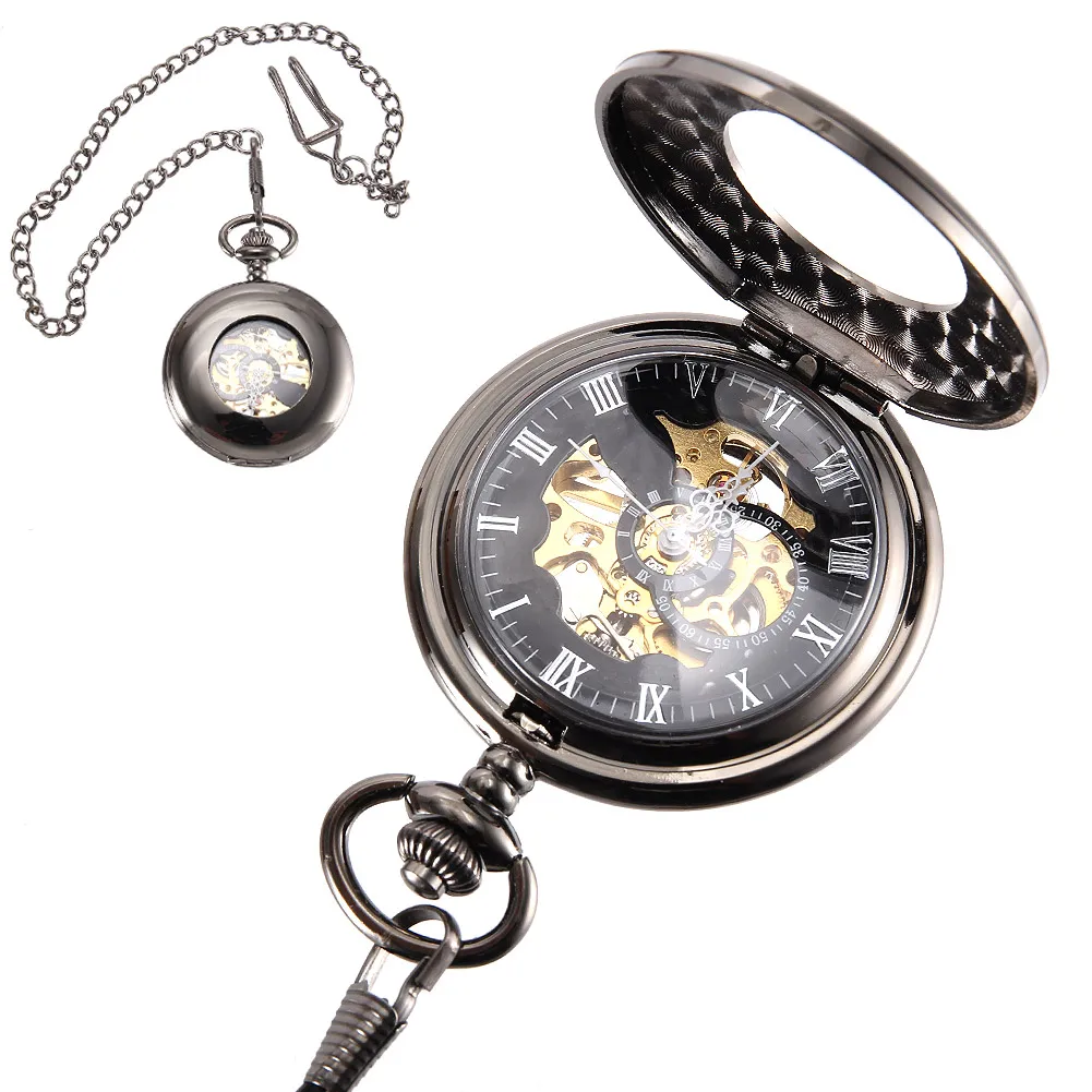 Vintage Pocket Watch Cool Chain Hollow Mechanical Dial Black Watches Transparent Cover LL@17