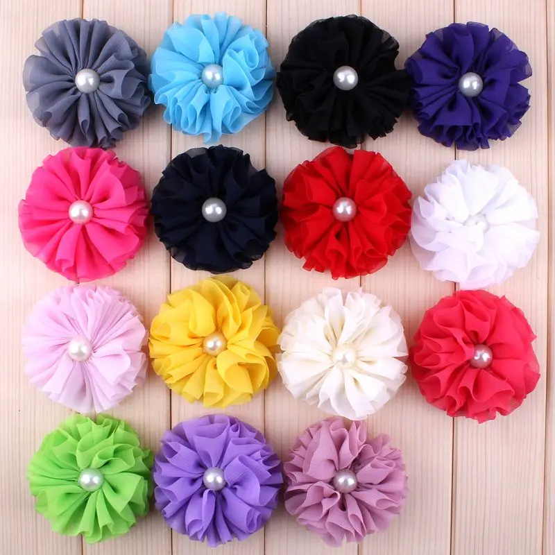 120pcs/lot 6.5cm 15colors Hair Clips Ballerina Chiffon Flower With Pearl For Girls Hair Accessories Fabric Flowers For Headbands