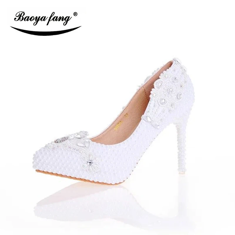 

Fashion Pointed Toe White pearl Wedding dress shoes 10cm High heel platform shoes ladies High Pumps women female shoes