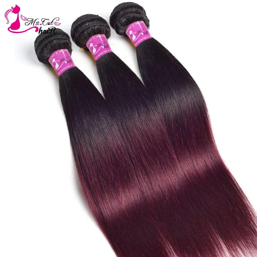 Ms Cat Hair Ombre Brazilian Straight Hair 1B 99J/Burgundy Two Tone Human Hair Bundles 3 Bundles Deal Remy Hair Free Shipping