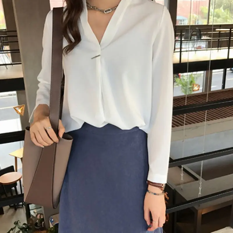 Office Lady Chiffon Blouse Shirt Zomer Blouse Tops Lange Mouwen V-hals Vrouwelijke Blouse