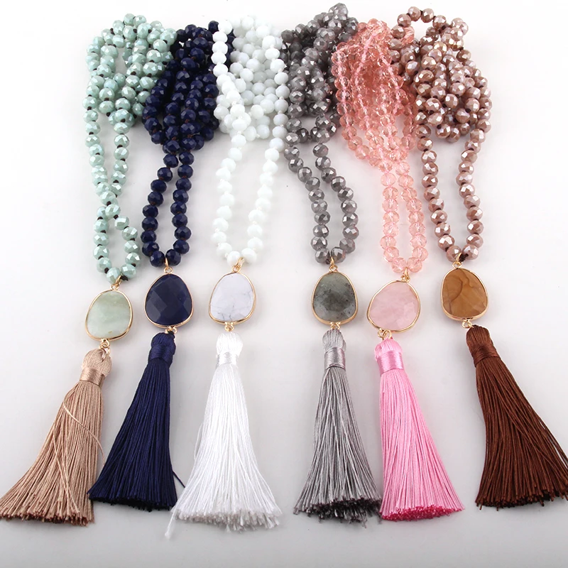 

Fashion Bohemian Tribal Jewelry Glass Crystal Knotted Stone Link Long Tassel Necklaces Women Necklace Dropship