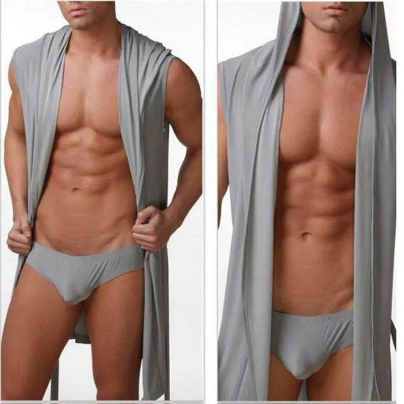 Drop new 2019 hot sell Silky Men\'s robes comfortable casual bathrobes sleeveless Viscose Hooded robe homewear sleepwear