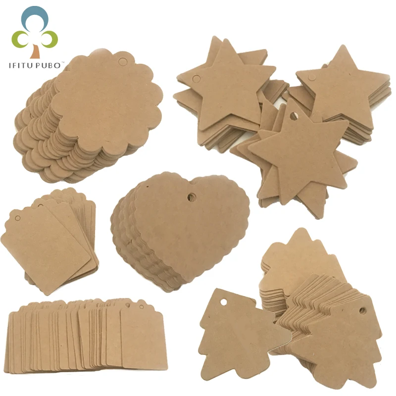 100Pcs Packaging Label Brown Kraft Paper Tags DIY scallop Heart Star Christmas Label Wedding Gift Decorating Tag GYH