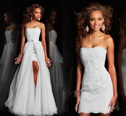 New Design High Low Short Strapless Pure White Wedding Dress Bridal Gown With Detachable removeable Skirt crystal lace Sequin