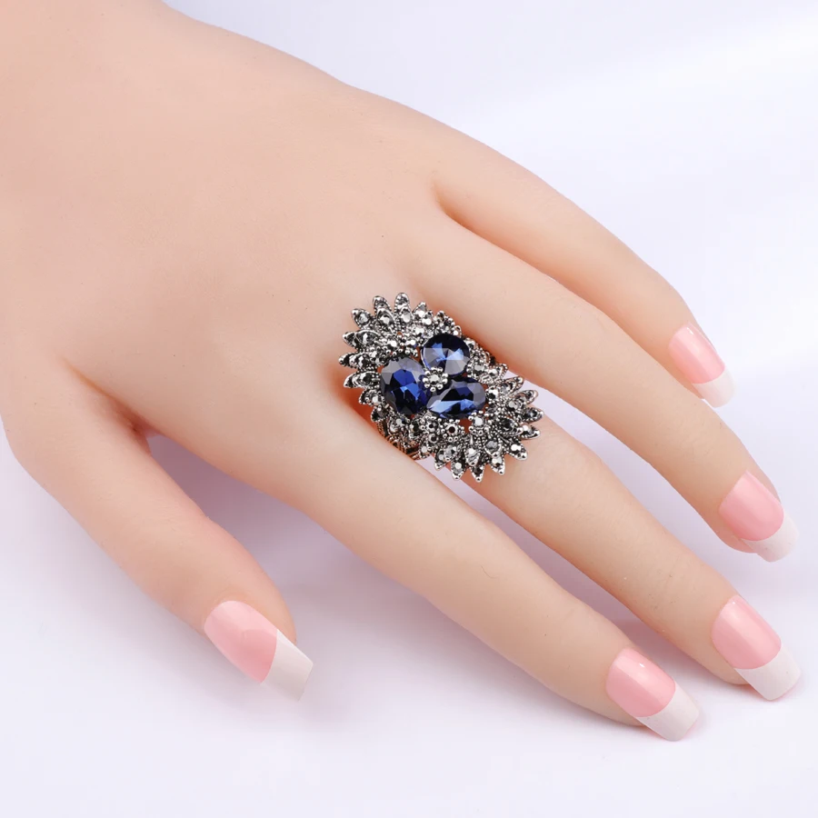 2 Colors Fashion Black Crystal Leaves Ring Silver Color Big Punk Rings For Women Bulgaria Jewelry