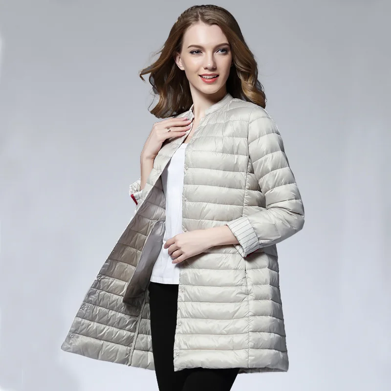 Abrigo cálido acolchado para mujer, chaqueta de plumón de pato ultraligera, abrigo largo de mujer, chaquetas sólidas delgadas, Parkas portátiles de