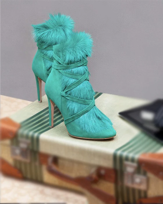 Winter Hot Green Faux Fur Women Fashion Ankle Boots Suede Leatehr Straps Ladies High Heel Boots Sexy Stiletto Boots