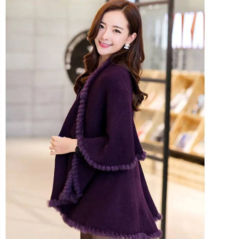 New Fashion Spring  Rabbit Fur Collar Cashmere Cardigan Shawl Women Khaki Knitted Fur & Faux Fur Poncho Coat Outerwear