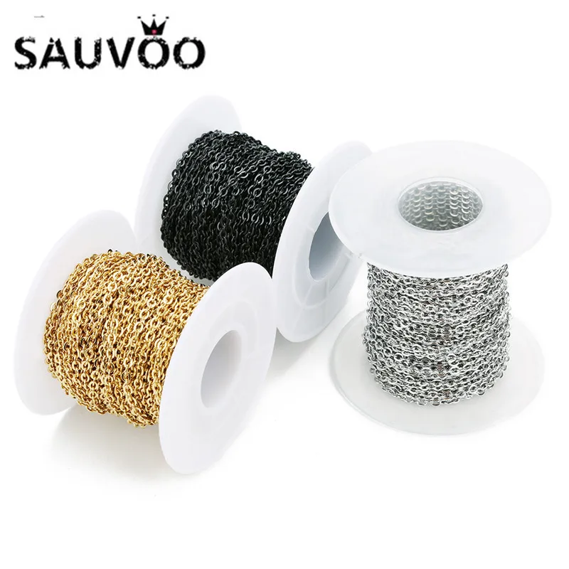 SAUVOO 10 Yard Stainless Steel Bulk Chains Wide 1 1.5 2 2.5 3mm Gold/Black Color Metal Cross Link Chain for DIY Jewelry Making