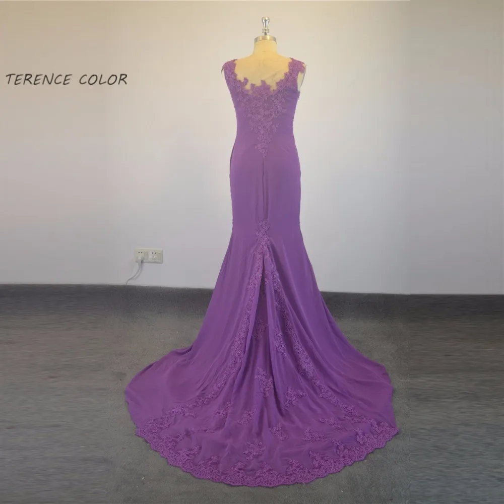 

Sexy Purple Lace Appliques Chiffon Mermaid Floor Length Evening Dress