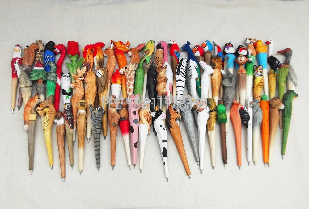 Wooden folk art animal carving new creative ballpoint pen,Animal shape ballpoint pen, animal carving wood pens, hand carved pen